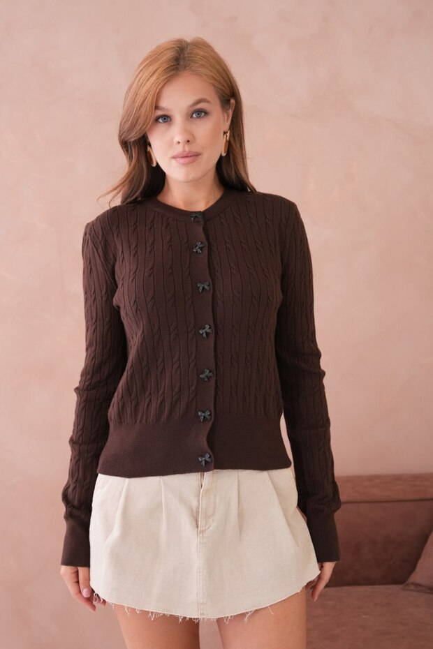 Basic Ribbon Button Detailed Hair Braided Knitwear Cardigan Aw25Hi0066
