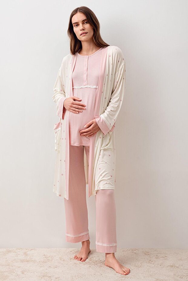 Long Sleeve Patterned Lycra Viscose Maternity Dressing Gown Pajama Set