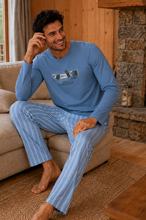 Combed Cotton Knitted Cotton Men's Long Sleeve Crew Neck Printed Blue Pajama Set with Pockets