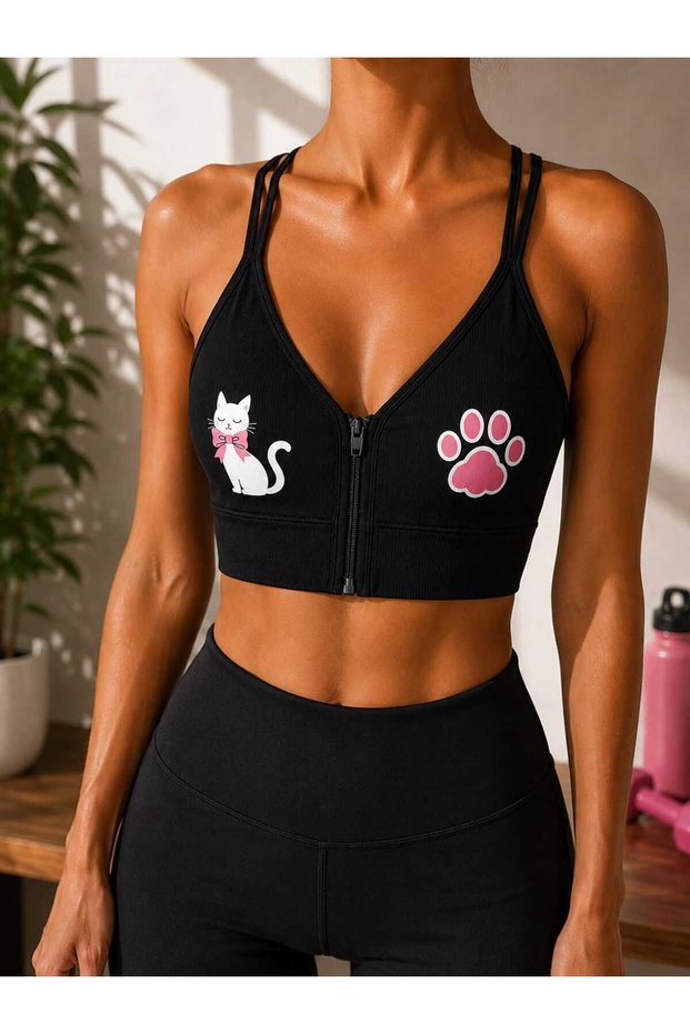Ribbed Cat Patterned Zippered Sports Bra Bustier with Removable Pads