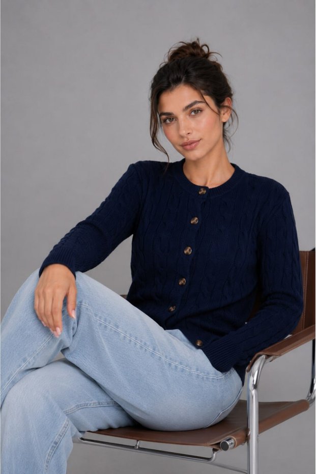 Crew Neck Buttoned Hair Braid Patterned Long Sleeve Soft Textured Knitwear Cardigan Aw26Hi0022