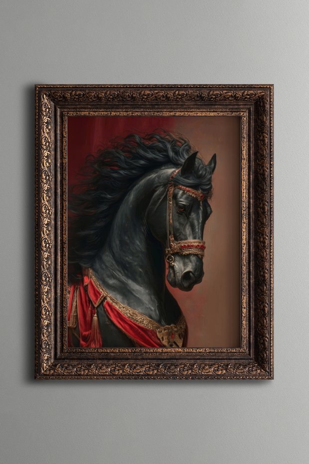 Black Horse Portrait - Vintage Patterned Painting - Thick Model