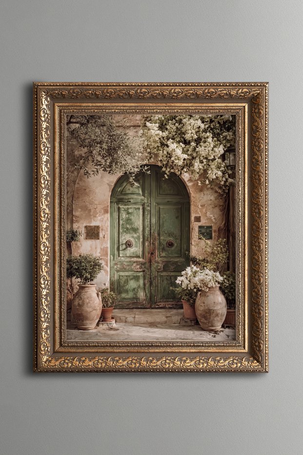 Green Door under Begonviller - Vintage Patterned Painting - Thick Model