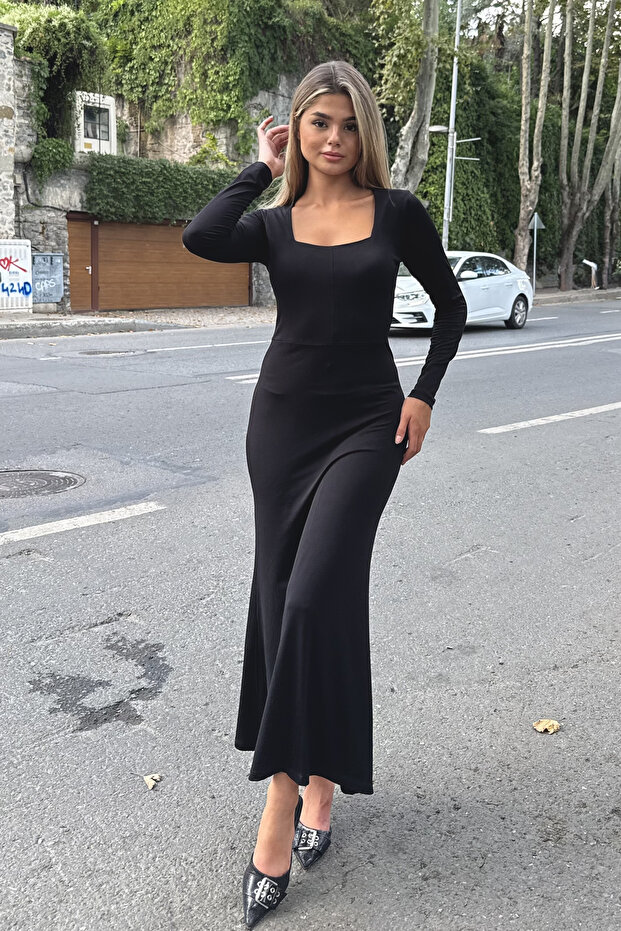 Black Square Neck Long Sleeve Fitted Maxi Dress