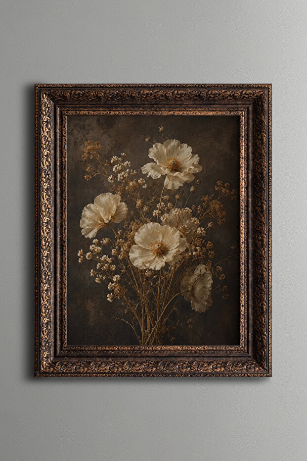 White Poppies and Wildflowers - Vintage Patterned Painting - Thick Model