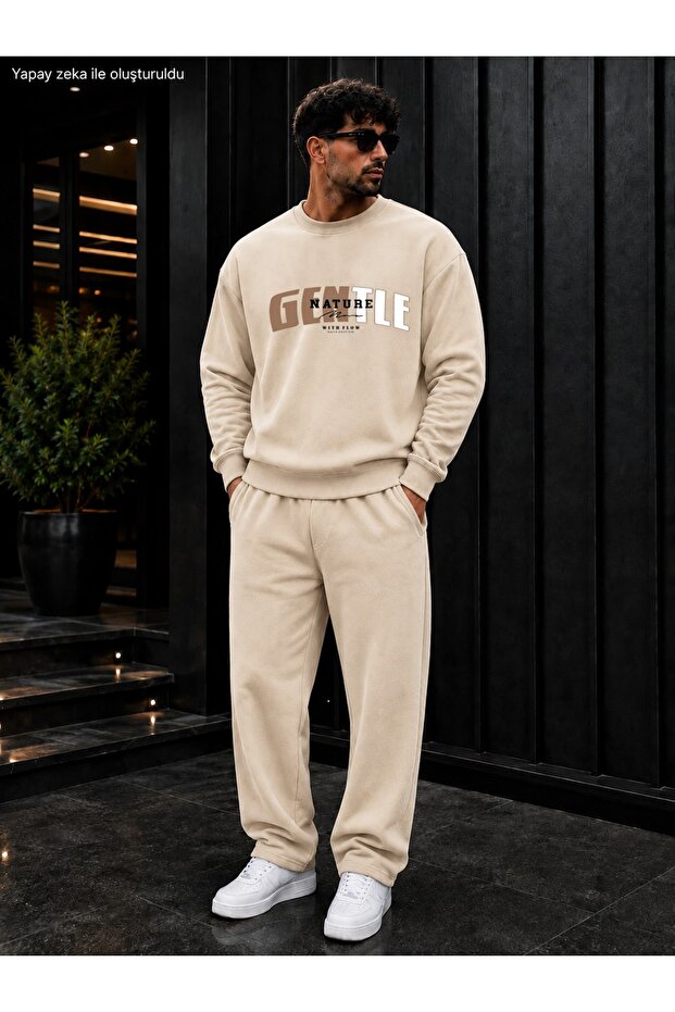 Men's Entle Nature Typography Printed Crew Neck Regular Fit Men's Tracksuit Set / Straight Leg Bottom