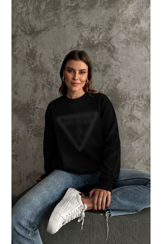 Triangle Long Sleeve Stoned Black Oversize Sweatshirt