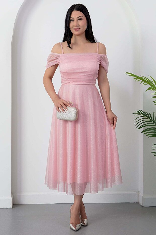 Square Neck Strap Glitter Tulle Dress 39976