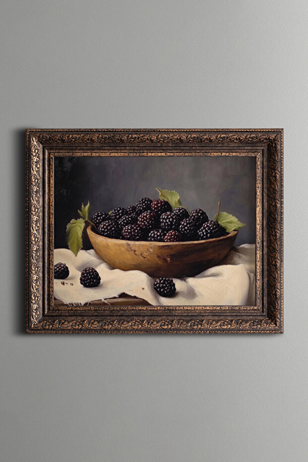 Blackberries in a Wooden Bowl - Vintage Patterned Painting - Thick Model