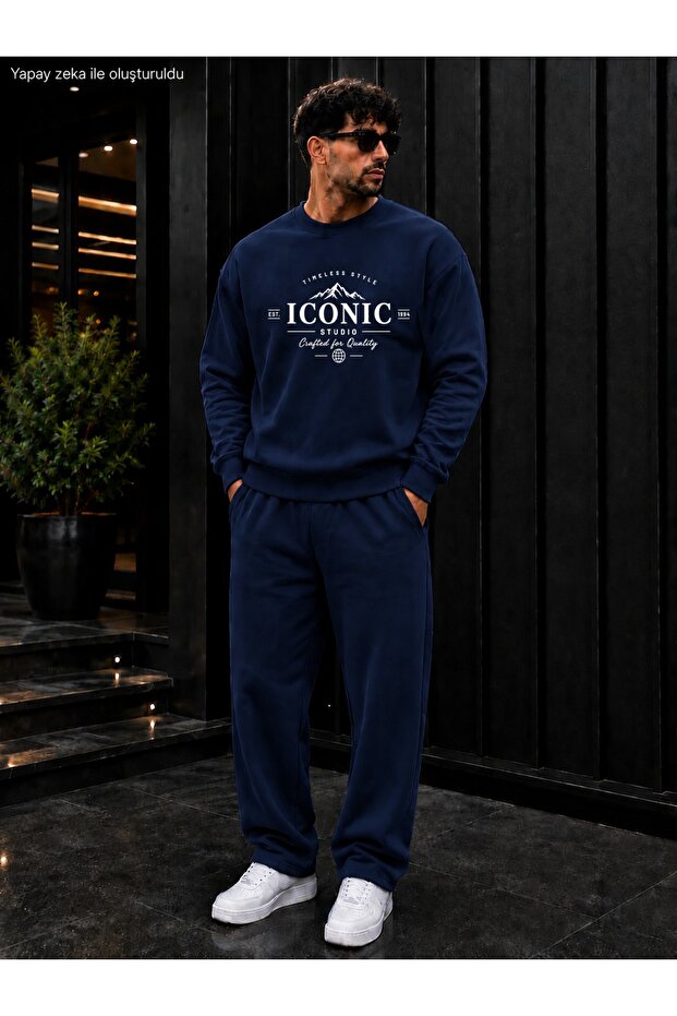 Men's Iconic Studio Mountain Printed Crew Neck Regular Fit Men's Tracksuit Set / Straight Leg Bottom