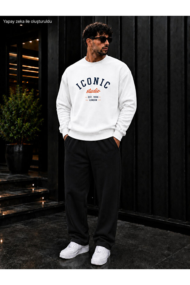Men's Iconic Studio London Printed Crew Neck Regular Fit Men's Tracksuit Set / Black Straight Leg Bottom