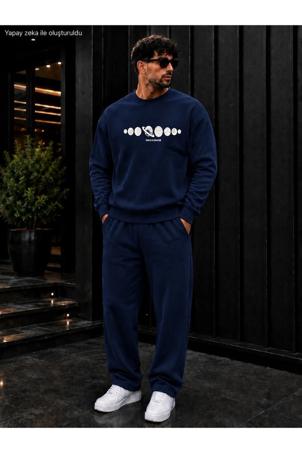 Men's Space Is Created Planet Printed Crew Neck Regular Fit Men's Tracksuit Set / Straight Leg Bottom