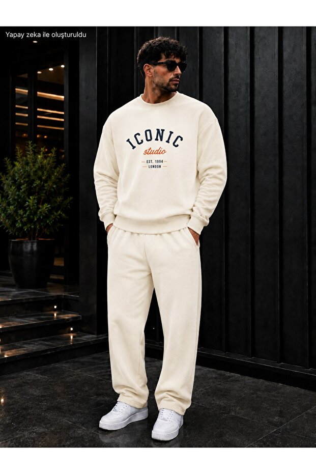 Men's Iconic Studio London Printed Crew Neck Regular Fit Men's Tracksuit Set / Straight Leg Bottom