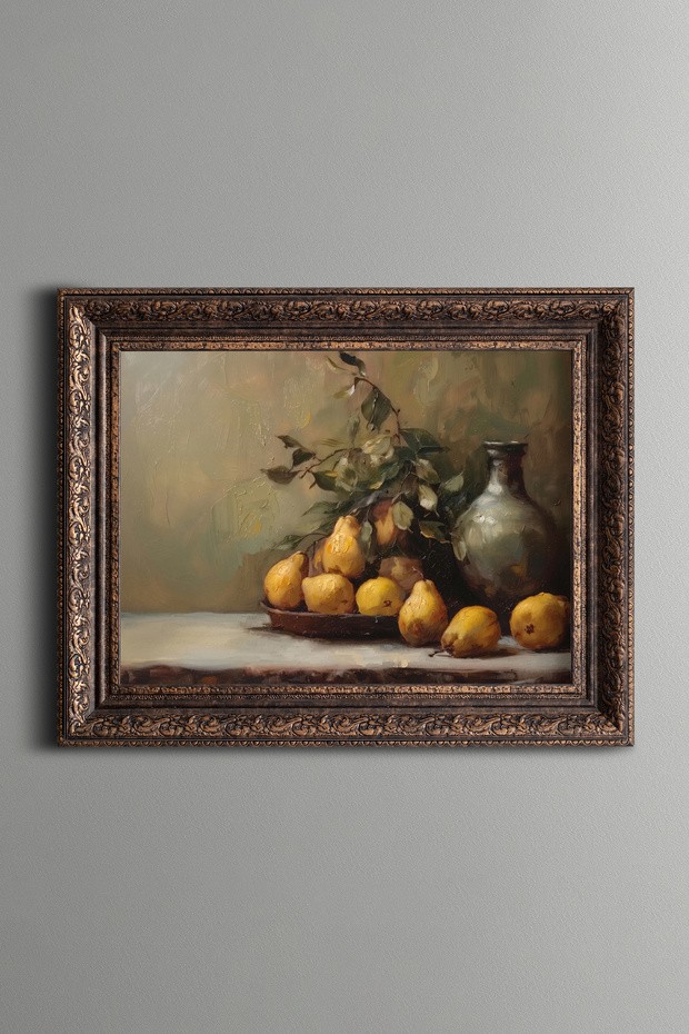 Yellow Pears Beside the Jug - Vintage Patterned Painting - Thick Model