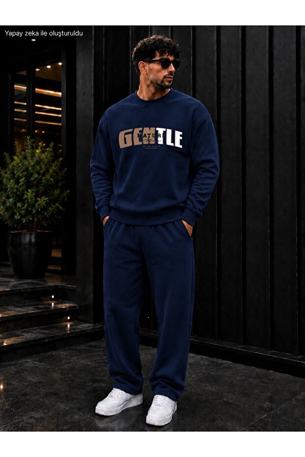 Men's Entle Nature Typography Printed Crew Neck Regular Fit Men's Tracksuit Set / Straight Leg Bottom