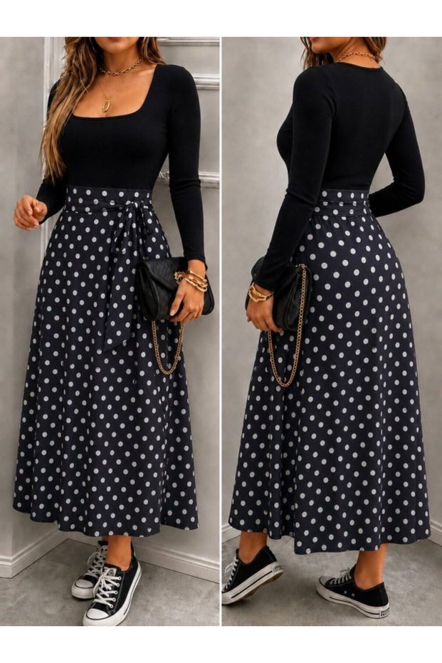 Women's Long Sleeve Square Collar Skirt Patterned Single Jersey Long Viscose Dress with Belt at the Waist