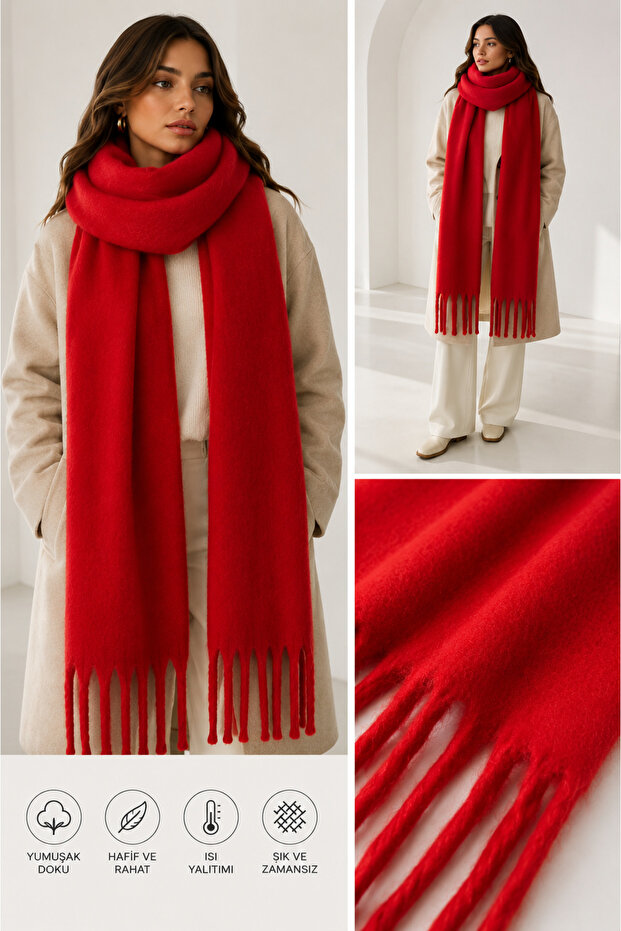 Unisex Premium Soft Boucle Scarf – Soft Textured Fringed Winter Scarf - Red