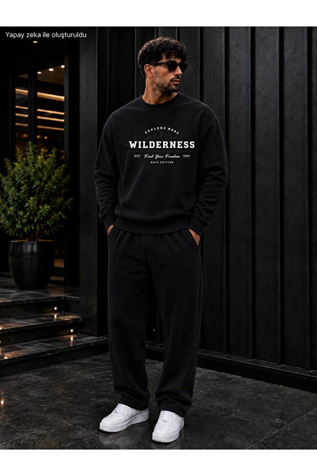 Men's Wilderness Mountain Printed Crew Neck Regular Fit Men's Tracksuit Set / Straight Leg Bottom