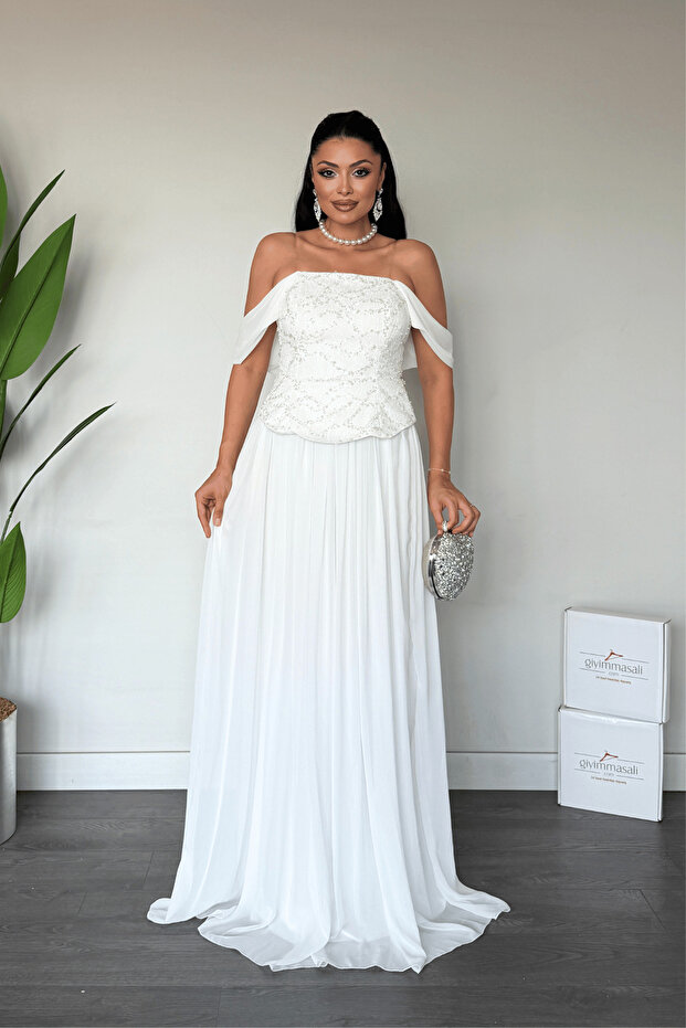 Top Beaded Embroidery Lower Chiffon Design Evening Dress - White
