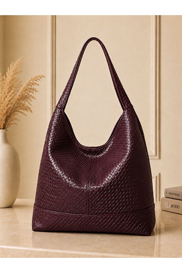 Women's Burgundy Faux Leather Basket Patterned Shoulder Bag