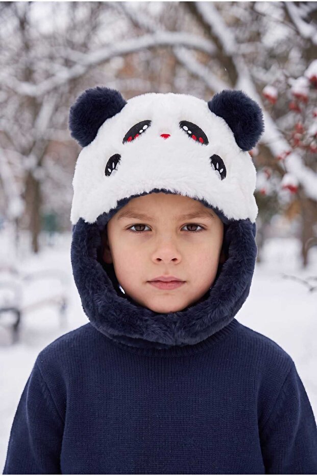 1-3 Years Old Boy's Plush Fleece Lined Winter Beanie with Figure and Tie-Down Feature at the Neck