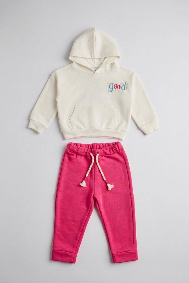 Girl's Hooded Back-Printed Kangaroo Pocket Lace-Up Tracksuit Set