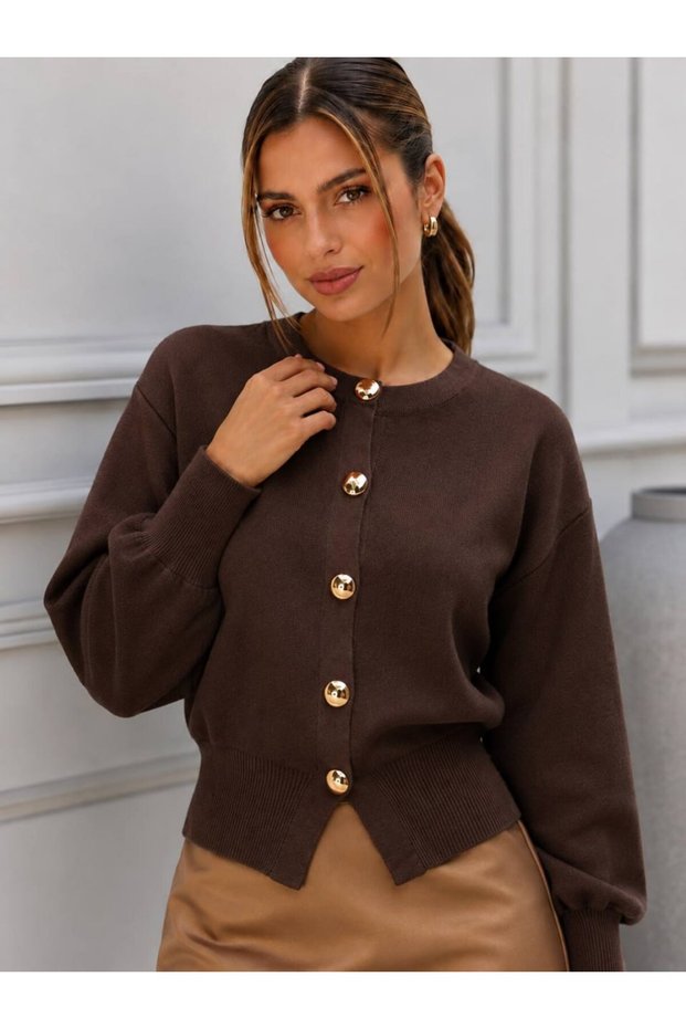 Crew Neck Gold Button Low Shoulder Long Sleeve Soft Textured Knitwear Cardigan Aw26Hi0026