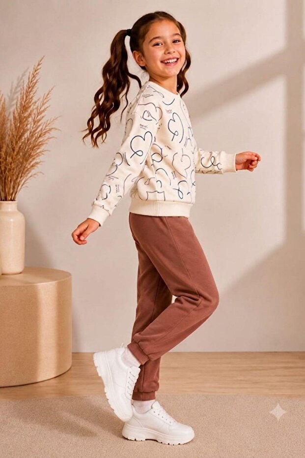Girl's Heart Patterned School Daily Tracksuit Set Esf7035