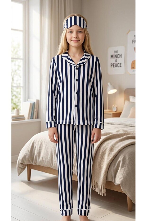 Green Striped Girls' Long Sleeved Pajama Set with Front Buttons (with Eye Band as a Gift)