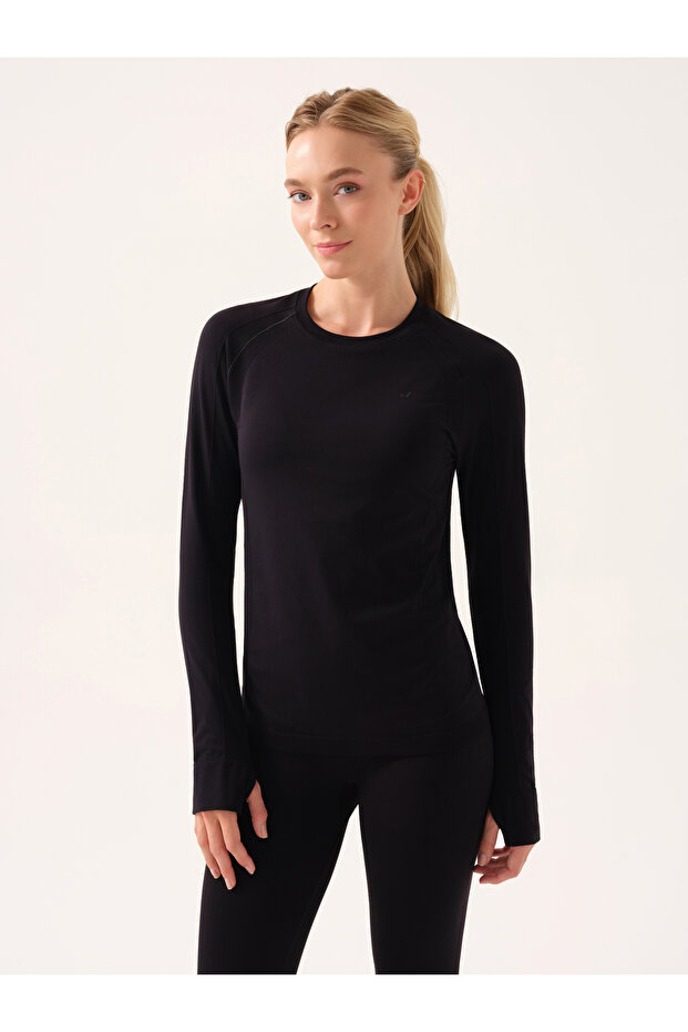 Motion Soft Textured Long Sleeve Fingerless Bodysuit Black
