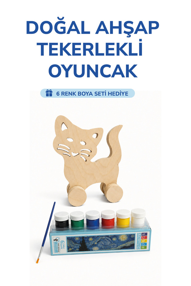 Wooden Cat Toy Natural Handmade Paintable Educational Toy + 6-Piece Paint Set Gift
