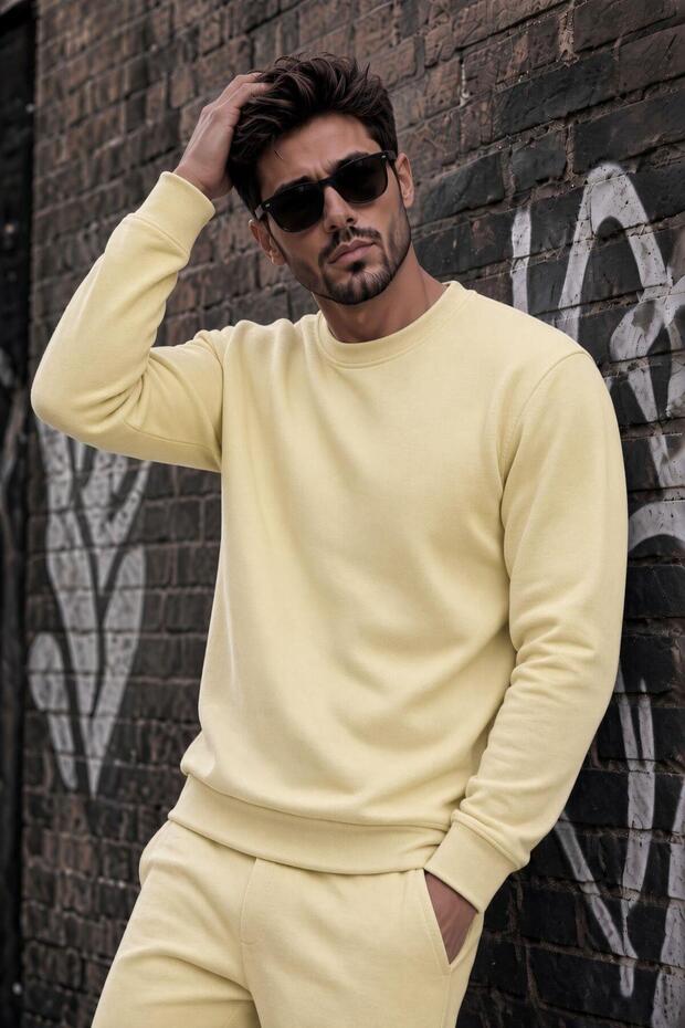 John Men's Two-Drawstring Plain Color Casual Crew Neck Sweatshirt