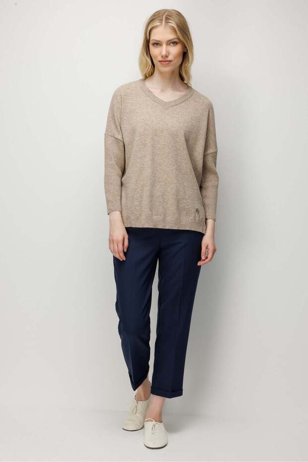 Women's V-Neck Low-Sleeve Slit Wool Sweater K.Beige