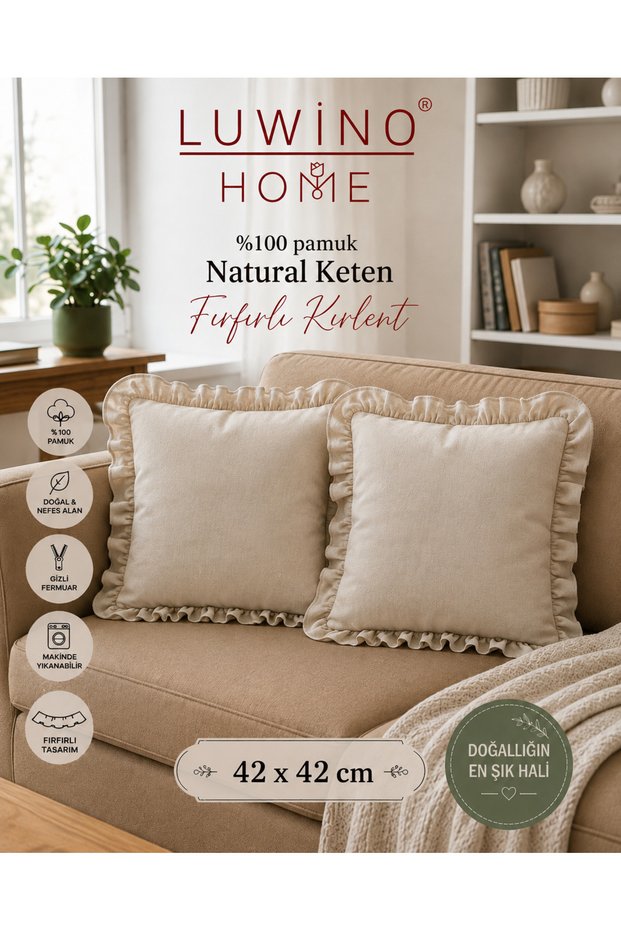 Ruffled Throw Pillow Cover 100% Cotton Linen Natural Series, Natural, Decorative Stylish Design'Set of 2' (42X42 cm)