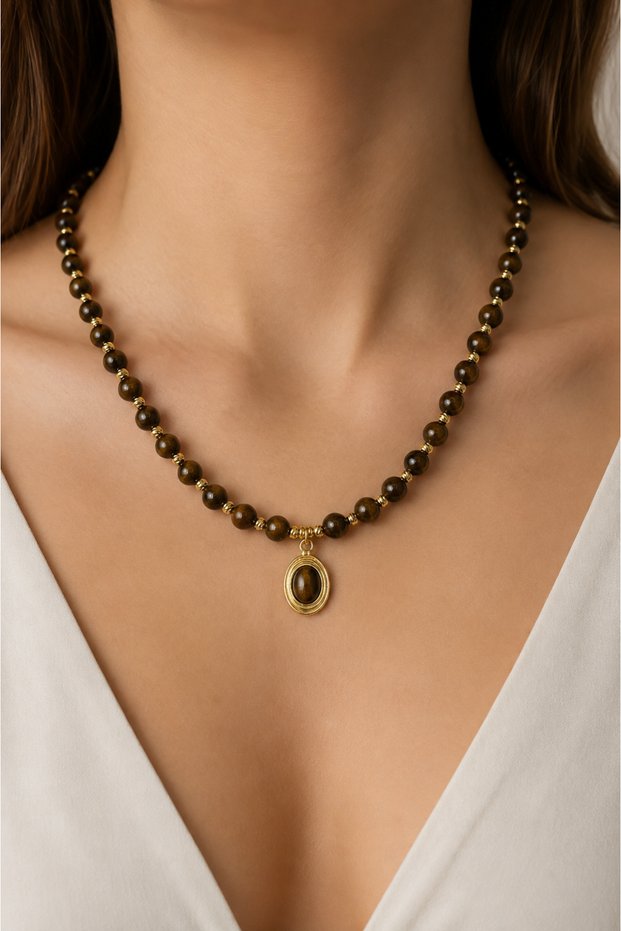Tigra Dorika Bead Detailed Tiger's Eye Natural Stone Women's Necklace