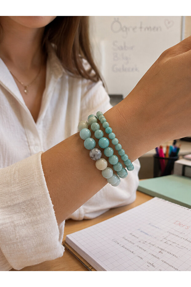 Natural Amazonite Stone 3-Piece Women's Bracelet Set 6–8–10 mm – Elegant Sphere Cut Design