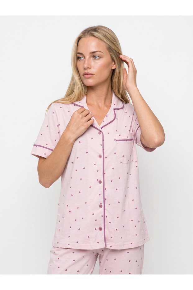 Women's Cotton Heart Patterned Short Sleeved Pajama Set Pink