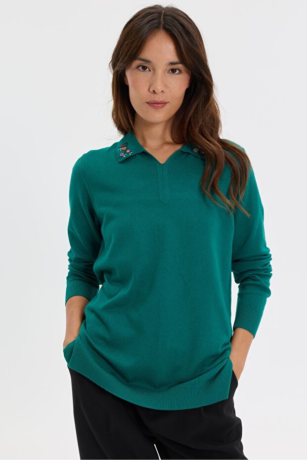 Women's Polo Collar Embroidered Liguara Blouse Ö.Başı