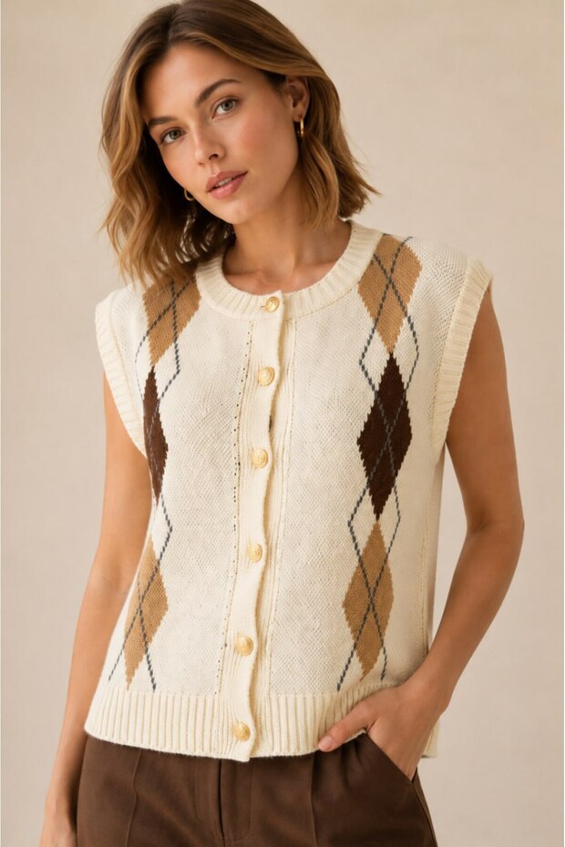 Crew Neck Buttoned Diamond Patterned Sleeveless Contrast Detailed Knitwear Vest Aw26Ye0001