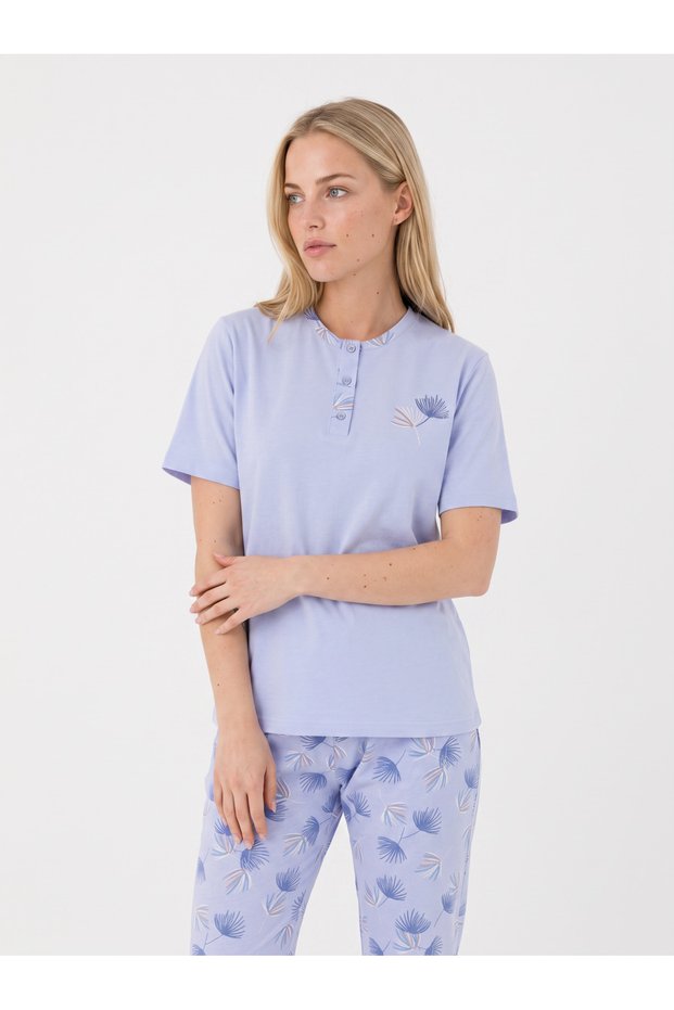 Women's Short Sleeved ½100 Cotton Pajama Set Blue