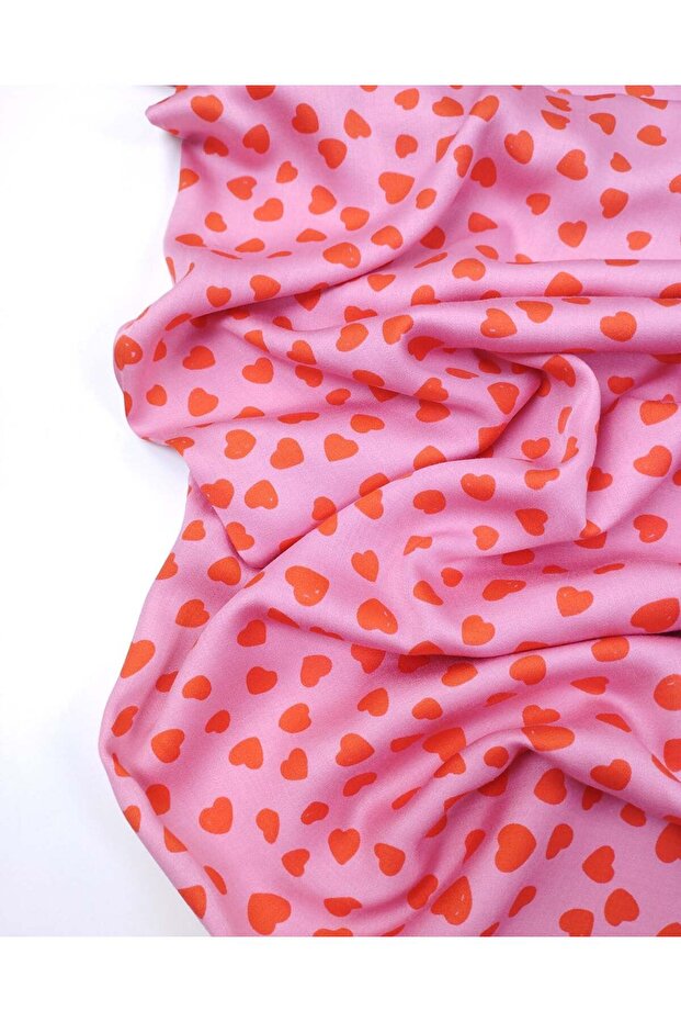 Pink over Red Heart Patterned Thin Soft Flowy Viscose Woven Fabric for Dresses & Skirts Width: 1