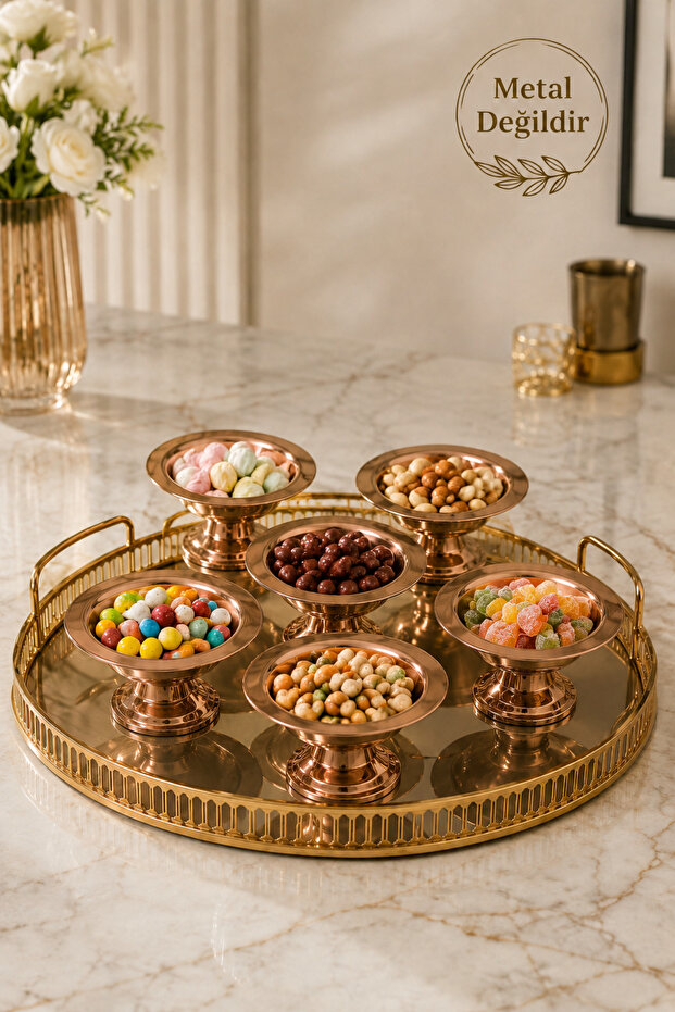 6-Piece Abs Decorative Rose Gold Plated Sugar Bowl Set, 6-Piece Macaron Holder, Coffee Side Serving Set, Turkish Delight Bowl