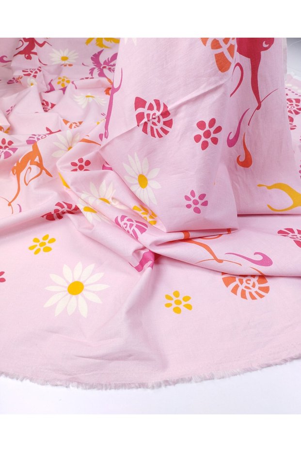 Cotton Linen Woven Fabric in White, Red and Orange Colors with Floral and Monkey Patterns on Pink Background