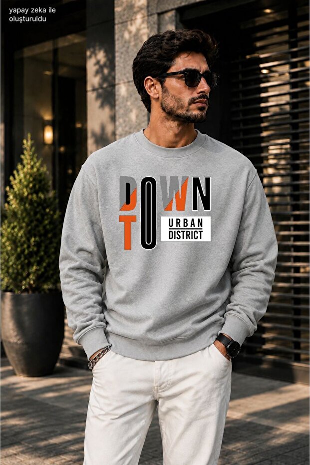 Men's Downtown Urban District Orange Detailed Typography Printed Cycling Round Neck Casual Sweatshirt