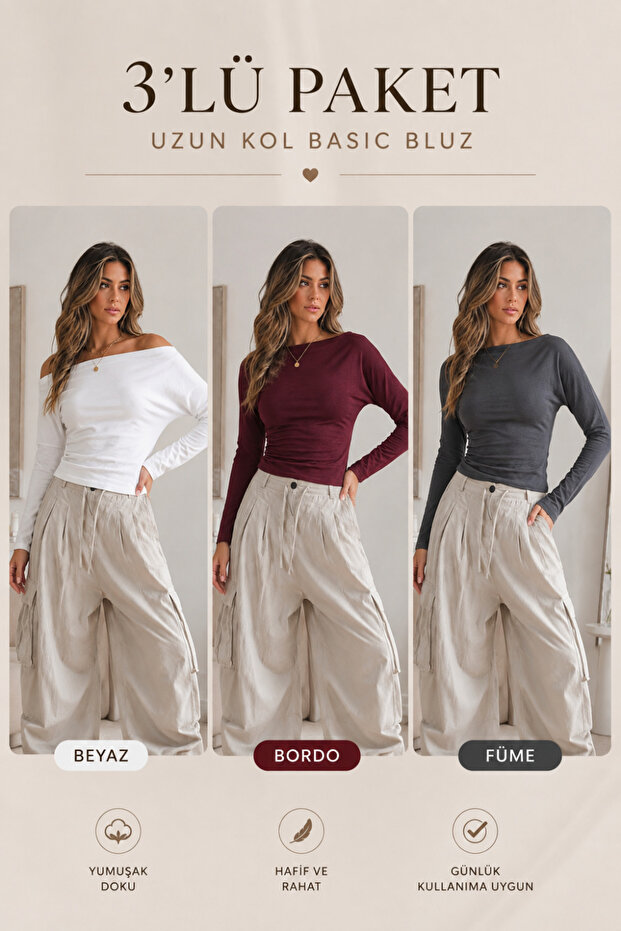 Women's Boat Neck Basic Slim 3-Piece Blouse