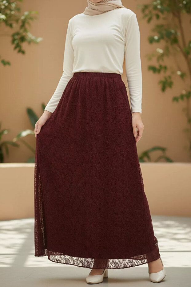 Burgundy Elastic Waist Laced Lycra Hijab Skirt