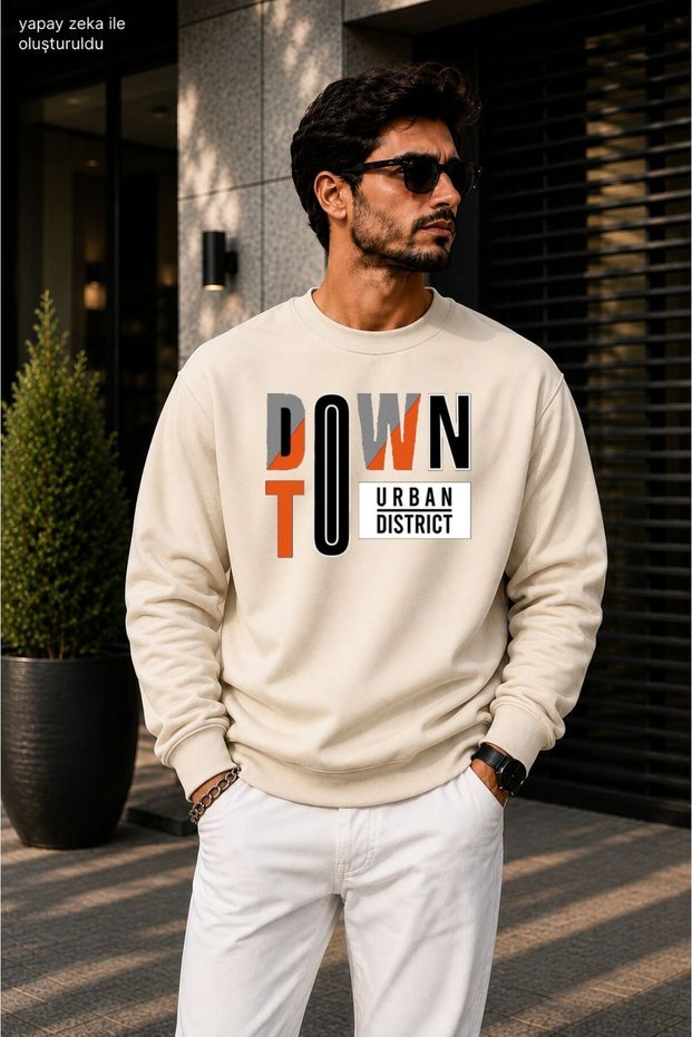 Men's Downtown Urban District Orange Detailed Typography Printed Cycling Round Neck Casual Sweatshirt