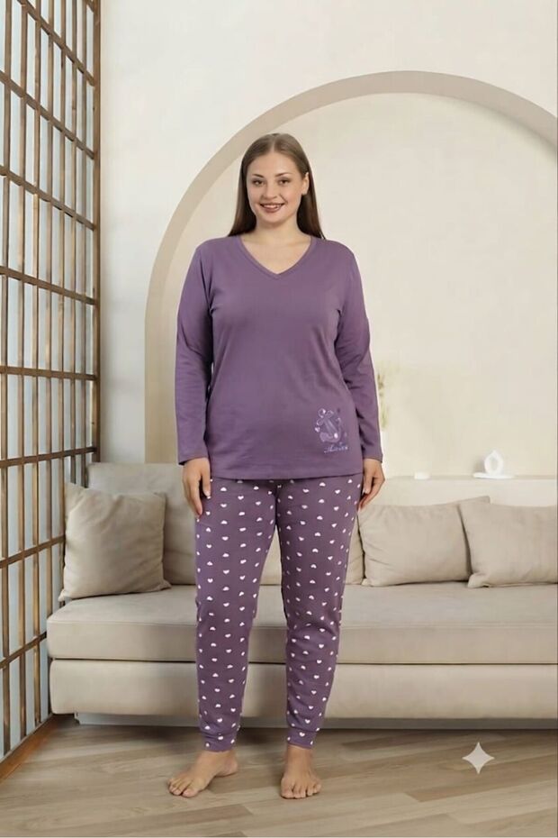 Mooda Women's Plus Size V-Neck Cotton 95% Cotton 5% Lycra Combed Cotton Women's Plus Size Pajama Set