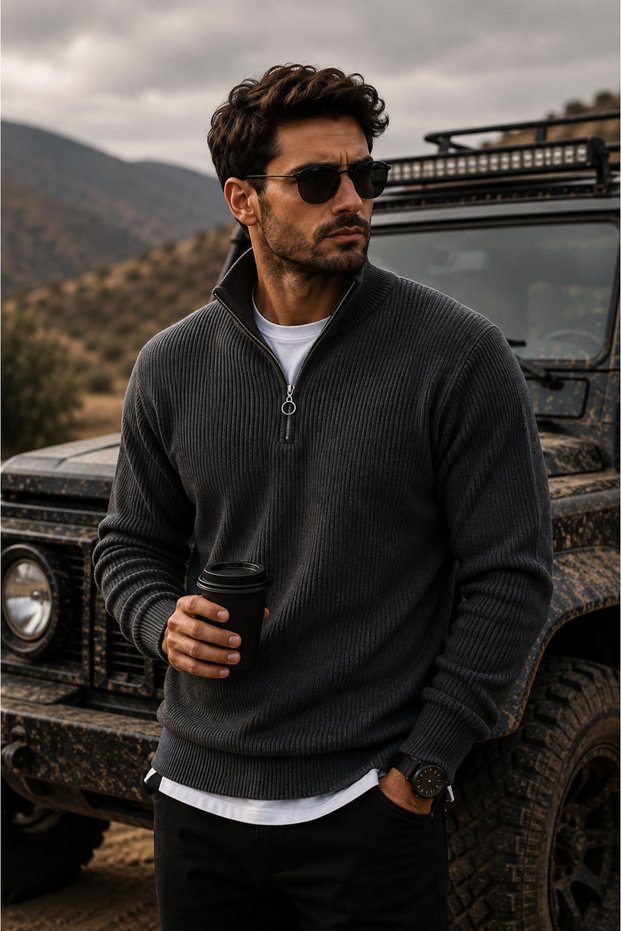 Men's Thessaloniki Knitted Half-Zip Knitwear Sweater Winter Thick Textured Stand Collar Premium