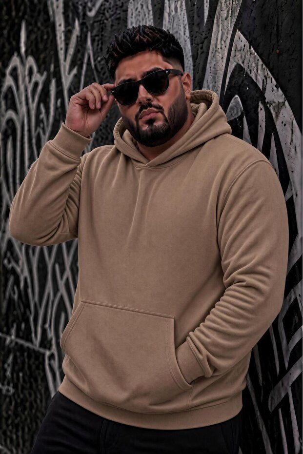 Bery Large Size Men's Hooded Basic Sweatshirt with Two Threaded Kangaroo Pockets